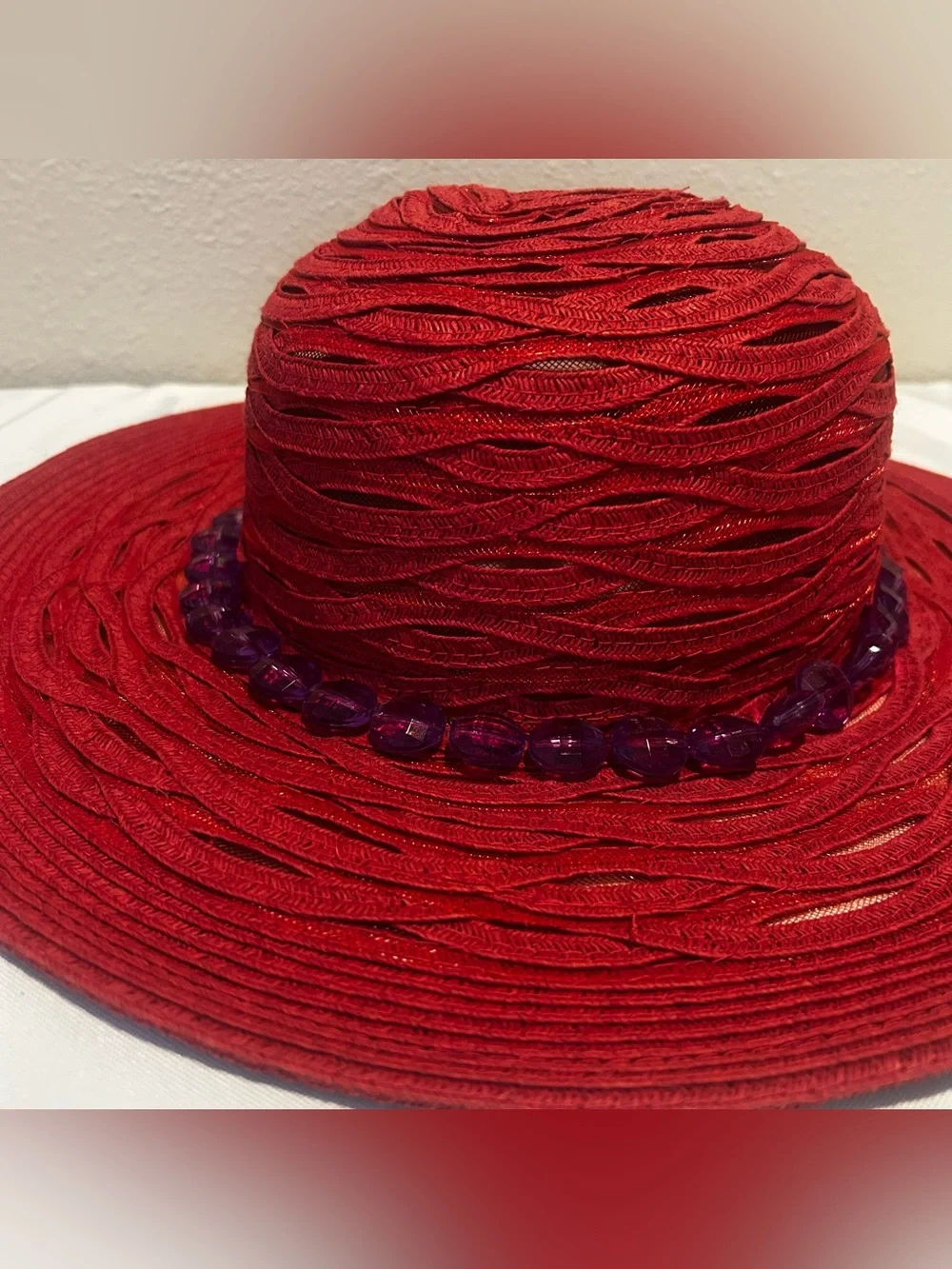 Nine West Red Braided Wide-Brim Hat with Bead Trim